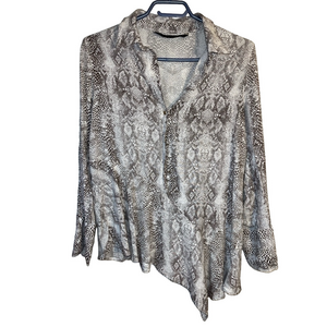 Zara Gray White Asymmetrical Bell Sleeve Blouse Medium